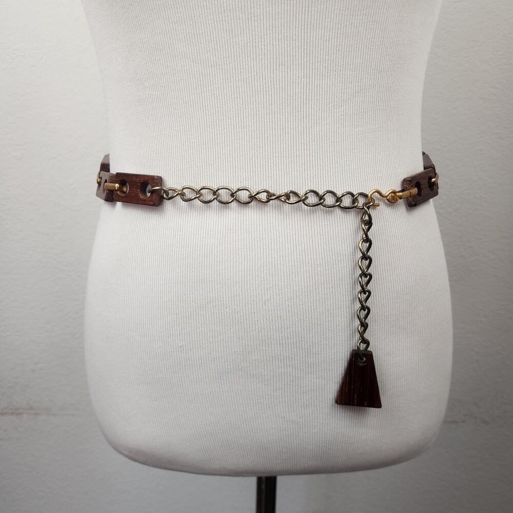 Vintage Wood Linked Metal Belt Brown Gold 70s Hippie Boho